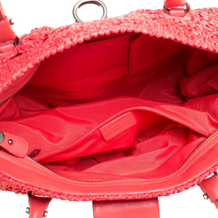 Pre Owned Salvatore Ferragamo Red Woven Straw and Leather Flap Satchel