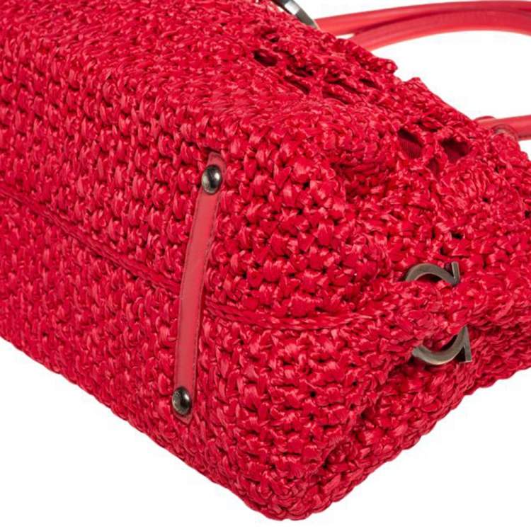 Pre Owned Salvatore Ferragamo Red Woven Straw and Leather Flap Satchel