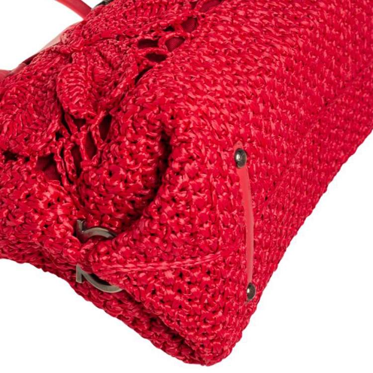 Pre Owned Salvatore Ferragamo Red Woven Straw and Leather Flap Satchel