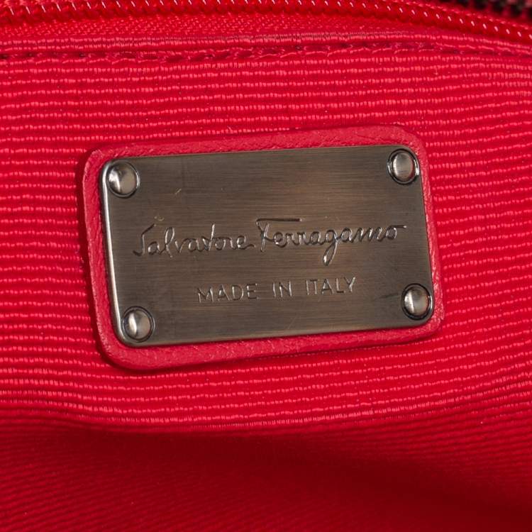 Pre Owned Salvatore Ferragamo Red Woven Straw and Leather Flap Satchel