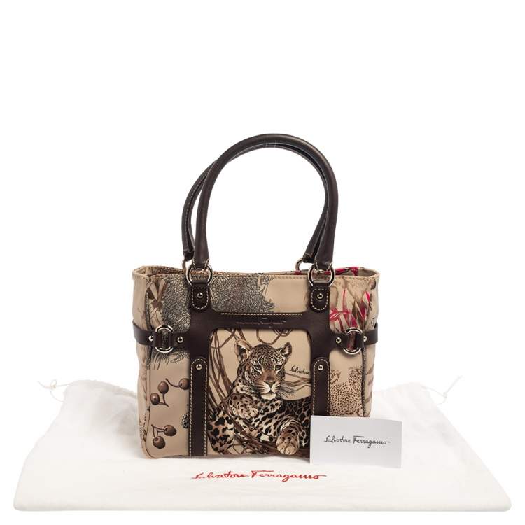 Pre Owned Salvatore Ferragamo Brown/Grey Tiger Print Nylon Small Tote