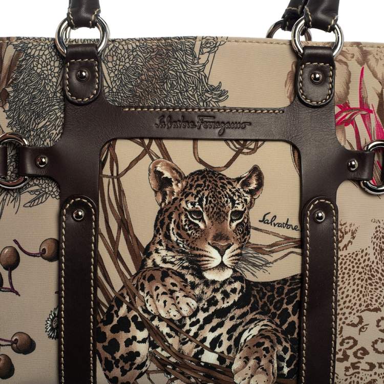 Pre Owned Salvatore Ferragamo Brown/Grey Tiger Print Nylon Small Tote