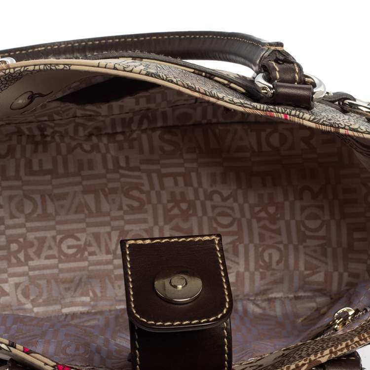 Pre Owned Salvatore Ferragamo Brown/Grey Tiger Print Nylon Small Tote