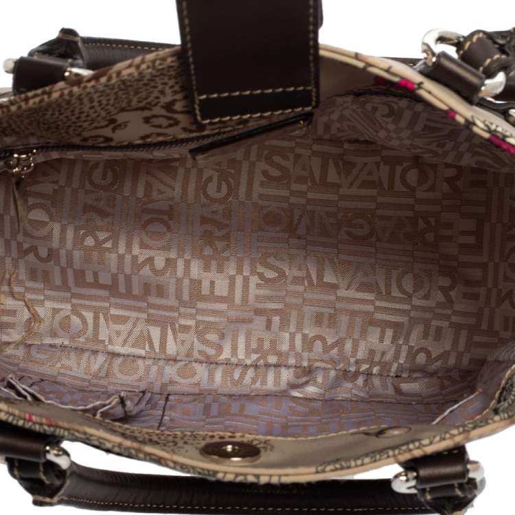 Pre Owned Salvatore Ferragamo Brown/Grey Tiger Print Nylon Small Tote