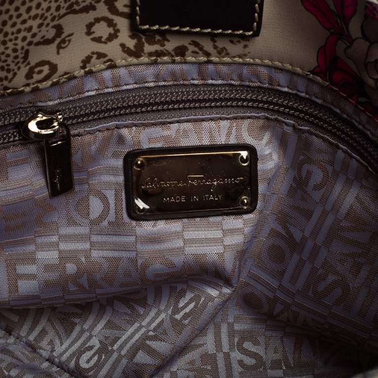 Pre Owned Salvatore Ferragamo Brown/Grey Tiger Print Nylon Small Tote