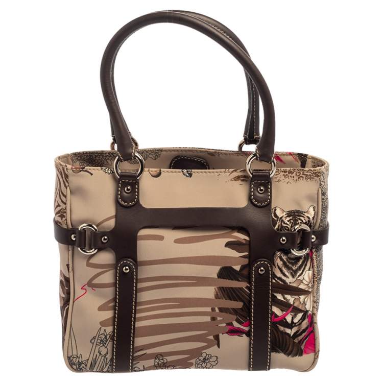 Pre Owned Salvatore Ferragamo Brown/Grey Tiger Print Nylon Small Tote