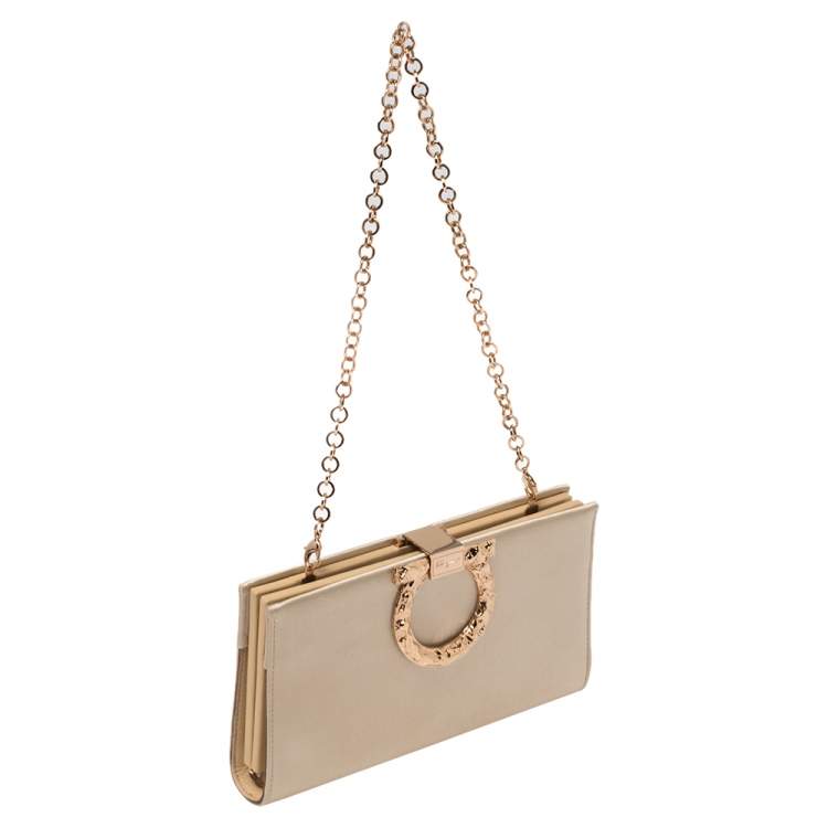 Pre Owned Salvatore Ferragamo Beige Satin Musetta Clutch