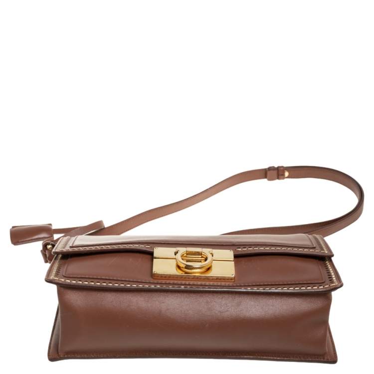 Pre Owned Salvatore Ferragamo Brown Leather Aileen Stitched Top Handle Bag