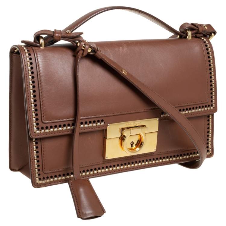 Pre Owned Salvatore Ferragamo Brown Leather Aileen Stitched Top Handle Bag