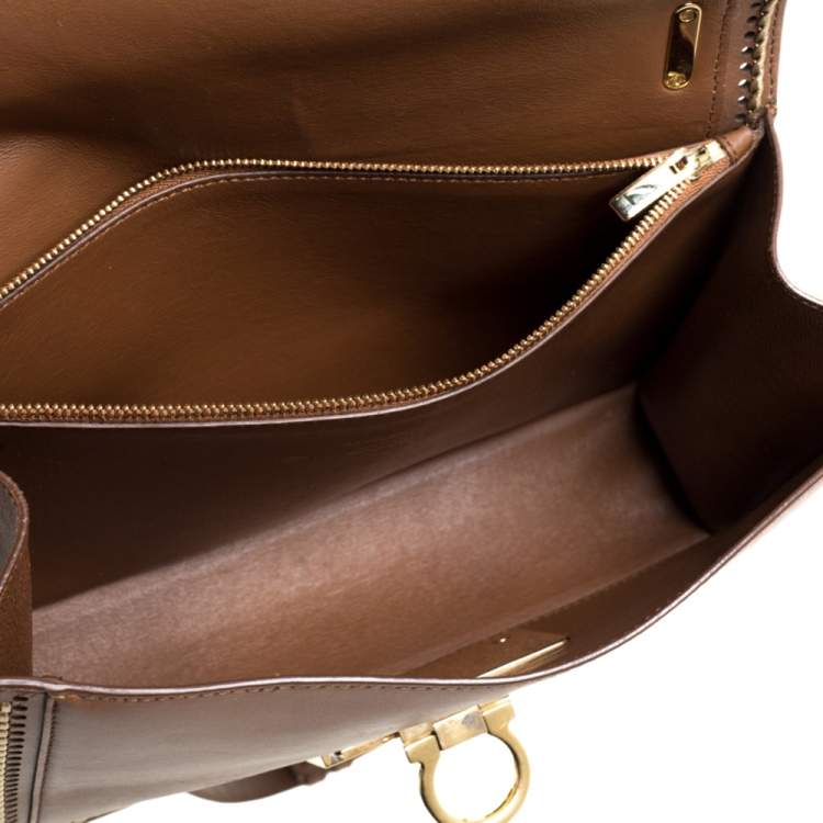Pre Owned Salvatore Ferragamo Brown Leather Aileen Stitched Top Handle Bag