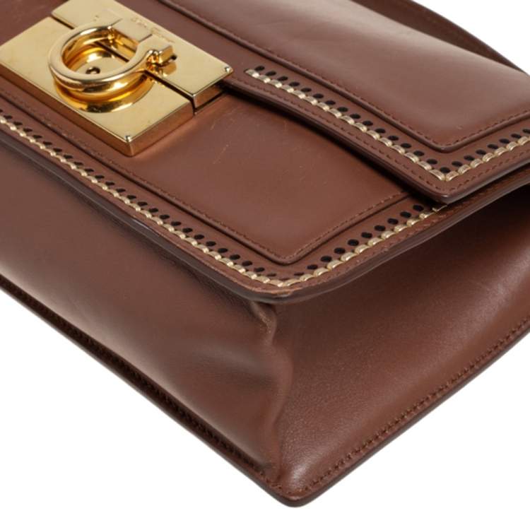 Pre Owned Salvatore Ferragamo Brown Leather Aileen Stitched Top Handle Bag