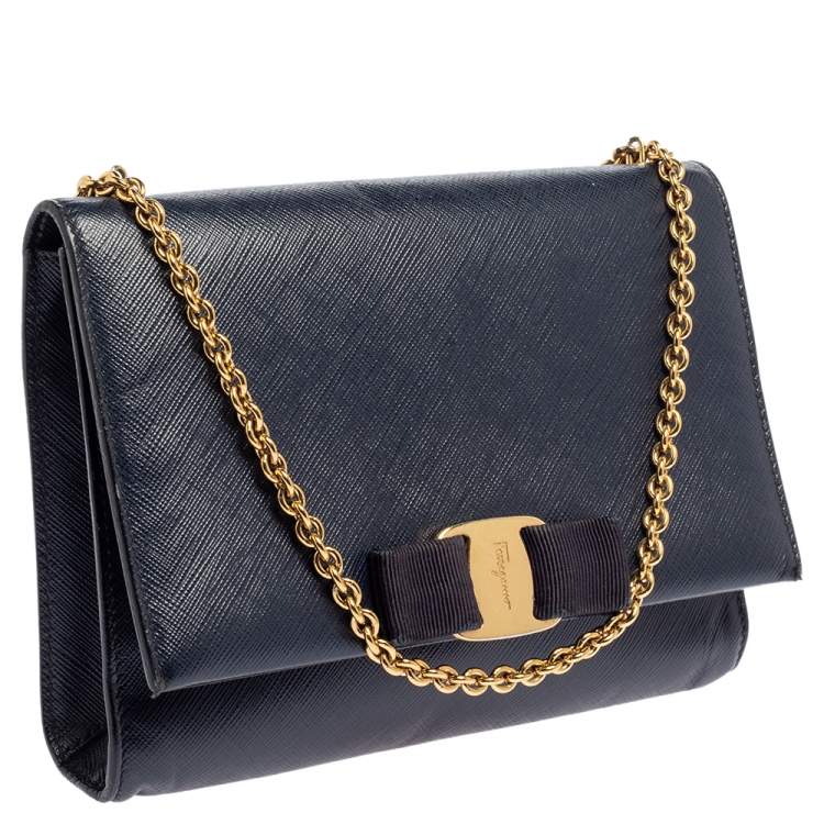 Pre Owned Salvatore Ferragamo Blue Saffiano Leather Vara Bow Chain Clutch