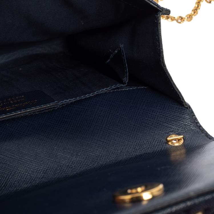 Pre Owned Salvatore Ferragamo Blue Saffiano Leather Vara Bow Chain Clutch
