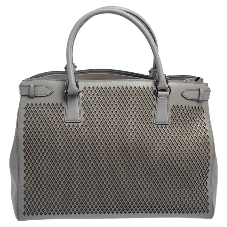 Pre Owned Salvatore Ferragamo Grey Laser Cut Leather Tote