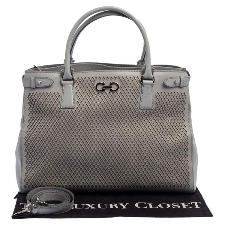 Pre Owned Salvatore Ferragamo Grey Laser Cut Leather Tote