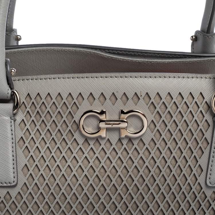 Pre Owned Salvatore Ferragamo Grey Laser Cut Leather Tote