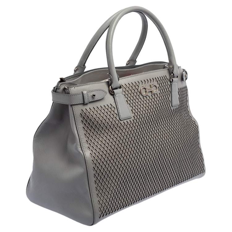 Pre Owned Salvatore Ferragamo Grey Laser Cut Leather Tote