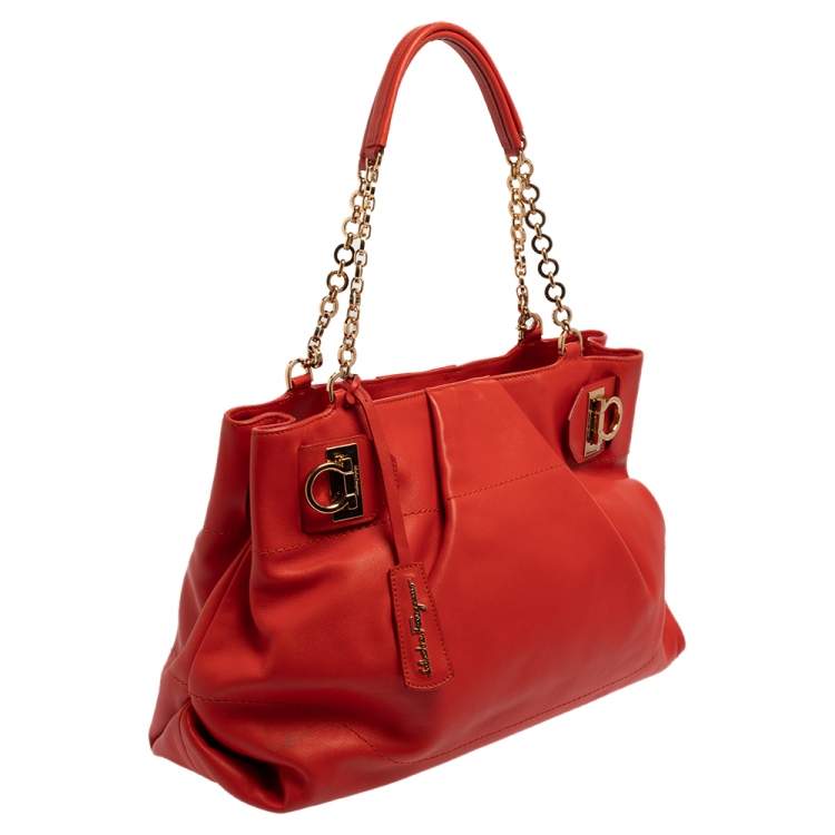 Pre Owned Salvatore Ferragamo Red Leather Chain Tote