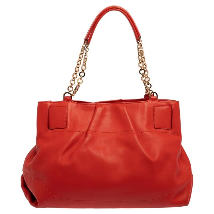Pre Owned Salvatore Ferragamo Red Leather Chain Tote