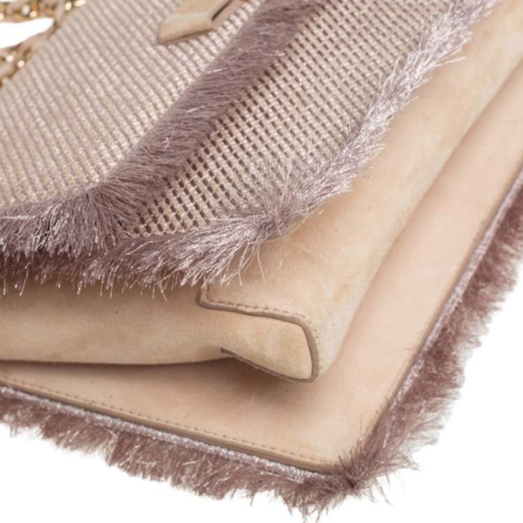 Pre Owned Salvatore Ferragamo Beige Suede and Fabric Ginny Fringed Crossbody Bag
