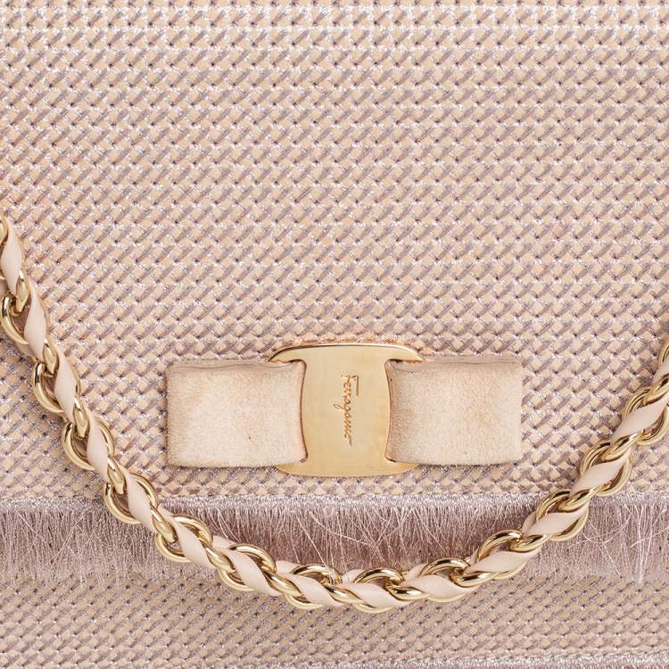 Pre Owned Salvatore Ferragamo Beige Suede and Fabric Ginny Fringed Crossbody Bag
