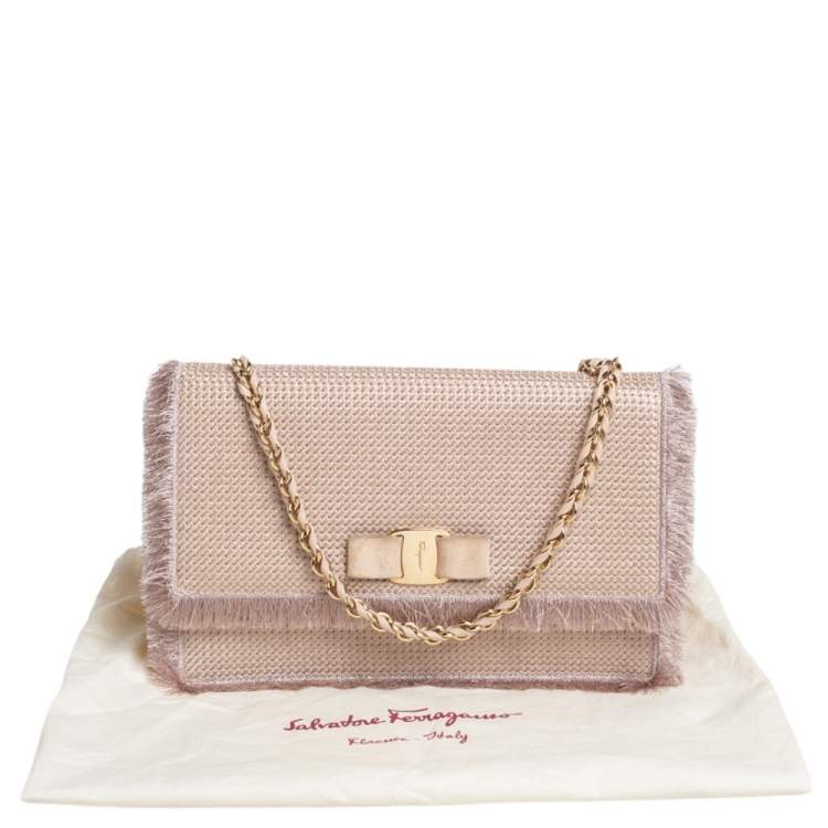 Pre Owned Salvatore Ferragamo Beige Suede and Fabric Ginny Fringed Crossbody Bag