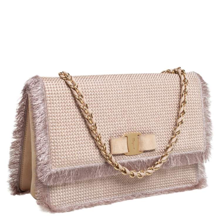 Pre Owned Salvatore Ferragamo Beige Suede and Fabric Ginny Fringed Crossbody Bag