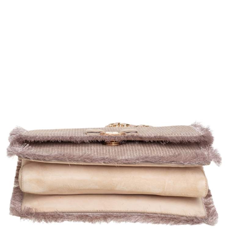 Pre Owned Salvatore Ferragamo Beige Suede and Fabric Ginny Fringed Crossbody Bag