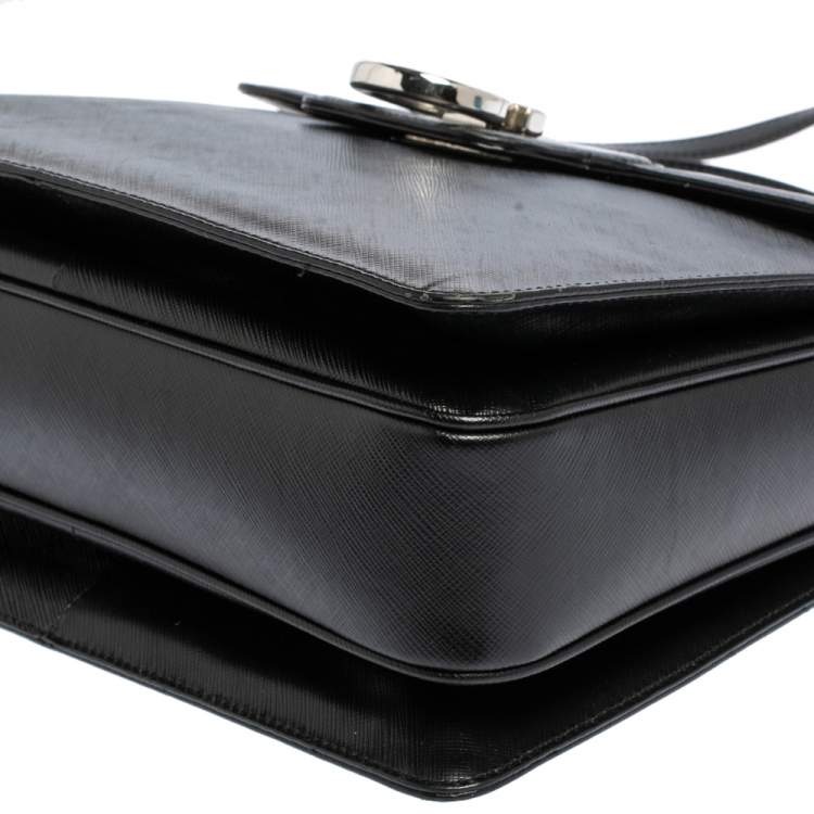 Pre Owned Salvatore Ferragamo Black Leather Gancio Flap Top Handle Bag