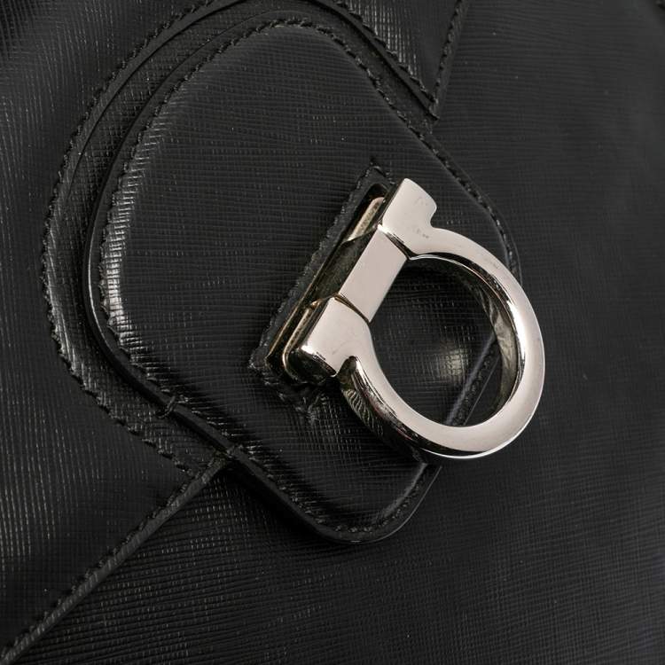 Pre Owned Salvatore Ferragamo Black Leather Gancio Flap Top Handle Bag