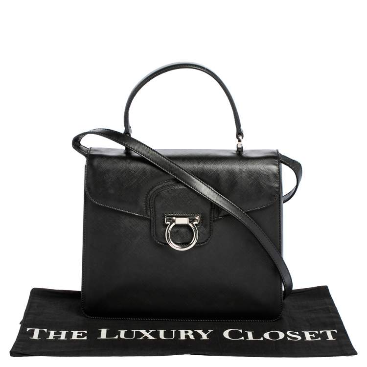 Pre Owned Salvatore Ferragamo Black Leather Gancio Flap Top Handle Bag