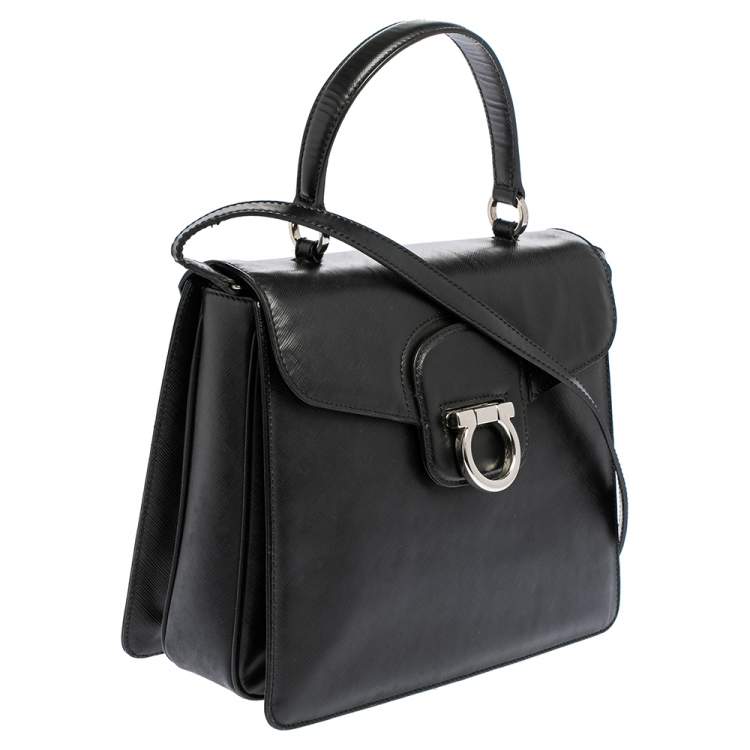 Pre Owned Salvatore Ferragamo Black Leather Gancio Flap Top Handle Bag