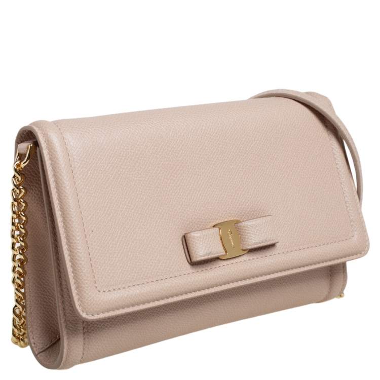 Pre Owned Salvatore Ferragamo Beige Leather Mini Vara Bow Crossbody Bag