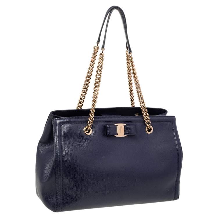 Pre Owned Salvatore Ferragamo Blue Leather Melike Vara Bow Chain Tote