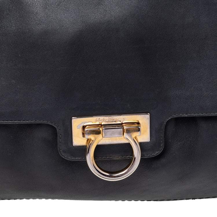 Pre Owned Salvatore Ferragamo Dark Grey Leather Flap Shoulder Bag