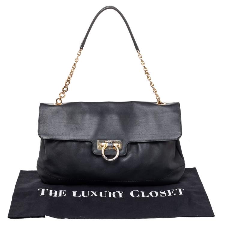 Pre Owned Salvatore Ferragamo Dark Grey Leather Flap Shoulder Bag