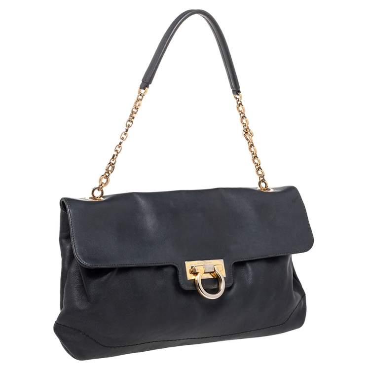Pre Owned Salvatore Ferragamo Dark Grey Leather Flap Shoulder Bag