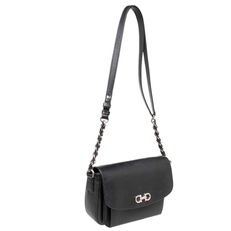 Pre Owned Salvatore Ferragamo Black Leather Gancini Crossbody Bag