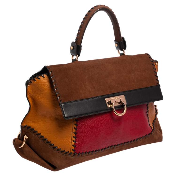 Pre Owned Salvatore Ferragamo Multicolor Nubuck And Leather Whipstitch Detail Large Sofia Satchel 