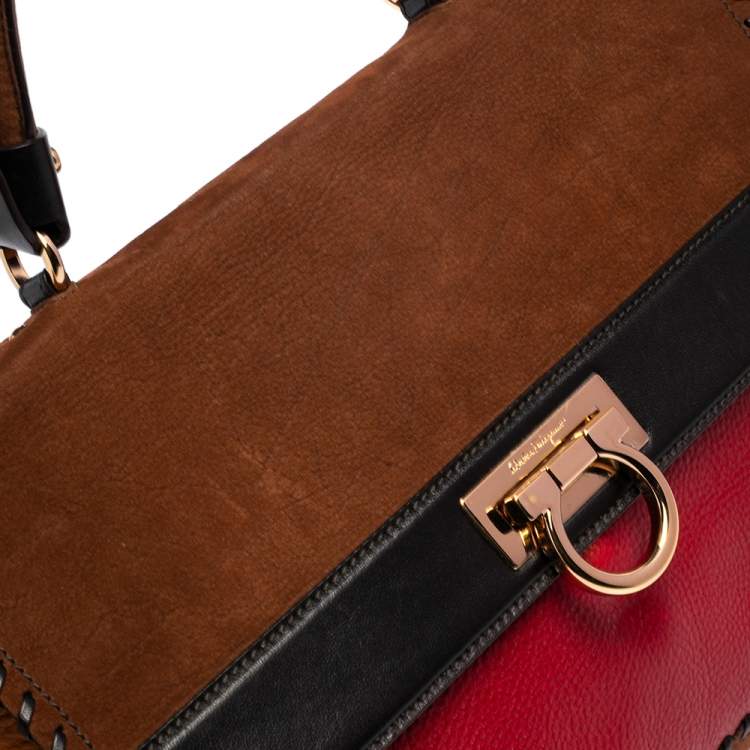 Pre Owned Salvatore Ferragamo Multicolor Nubuck And Leather Whipstitch Detail Large Sofia Satchel 