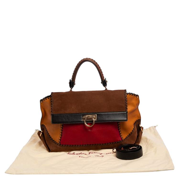 Pre Owned Salvatore Ferragamo Multicolor Nubuck And Leather Whipstitch Detail Large Sofia Satchel 