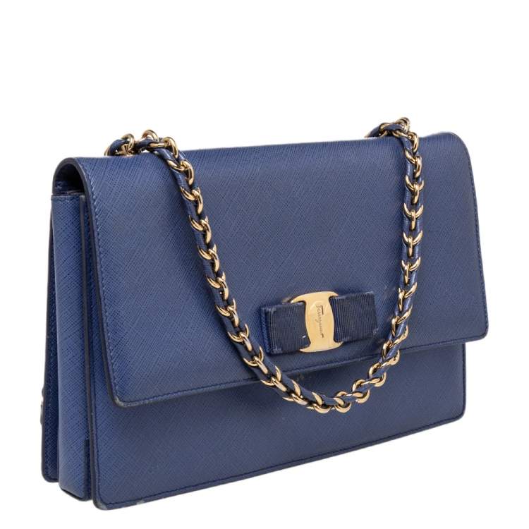 Pre Owned Salvatore Ferragamo Electric Blue Leather Ginny Shoulder Bag