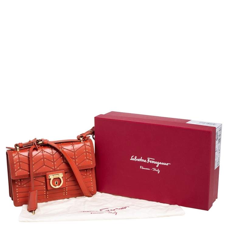 Pre Owned Salvatore Ferragamo Orange Leather and Suede Studded Aileen Shoulder Bag
