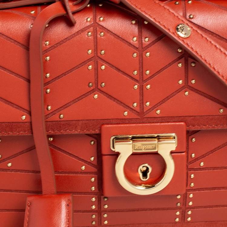 Pre Owned Salvatore Ferragamo Orange Leather and Suede Studded Aileen Shoulder Bag