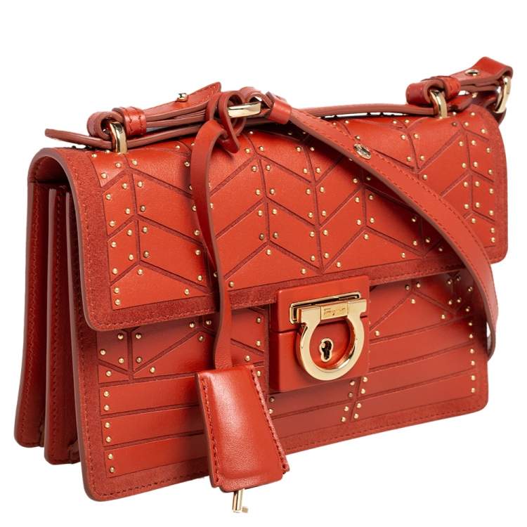 Pre Owned Salvatore Ferragamo Orange Leather and Suede Studded Aileen Shoulder Bag