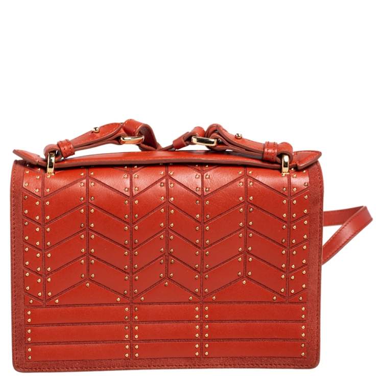 Pre Owned Salvatore Ferragamo Orange Leather and Suede Studded Aileen Shoulder Bag