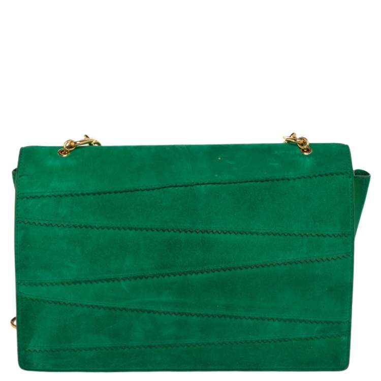 Pre Owned Salvatore Ferragamo Green Vara Zig Zag Suede Medium Ginny Flap Bag