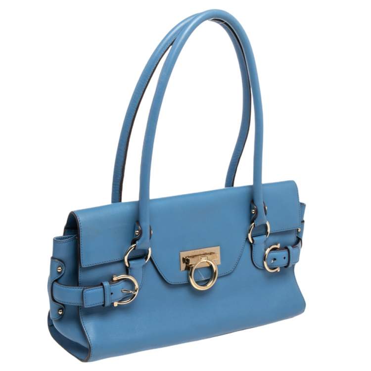 Pre Owned Salvatore Ferragamo Blue Leather Gancini Satchel
