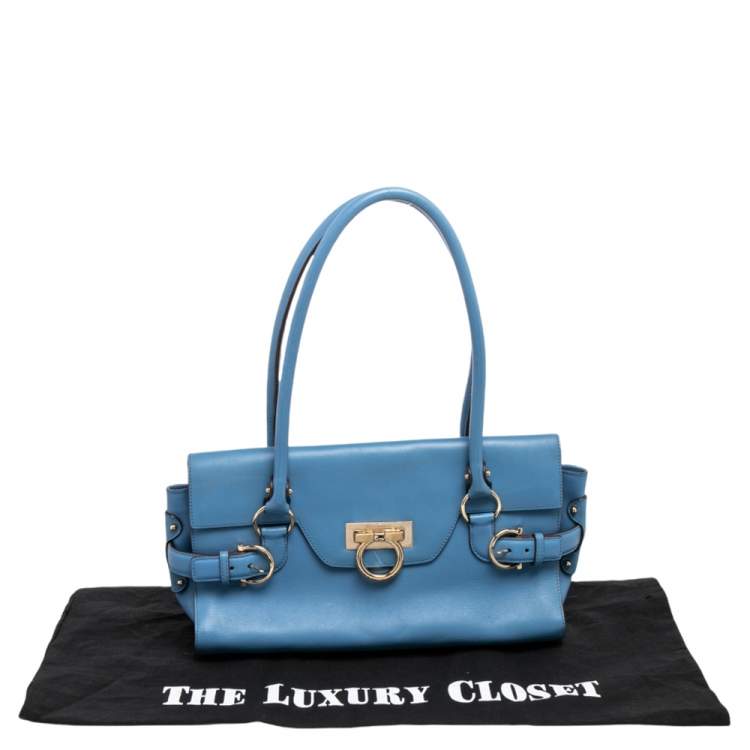 Pre Owned Salvatore Ferragamo Blue Leather Gancini Satchel