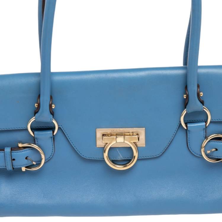 Pre Owned Salvatore Ferragamo Blue Leather Gancini Satchel